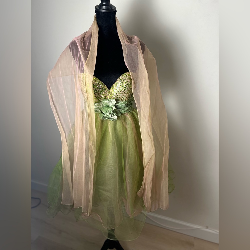 SHERRI HILL Green Fairycore Cocktail Prom Dress Strapless Beaded Tulle Mini (6)